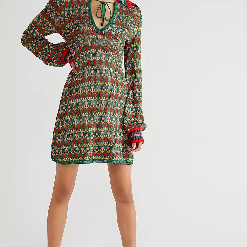 Free People Green Multi Knit Mini Dress
